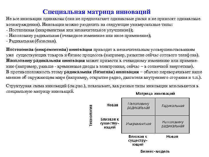 Специальная матрица инноваций Не все инновации одинаковы (они не предполагают одинаковые риски и не