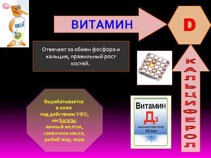 ВИТАМИН Отвечает за обмен фосфора и кальция, правильный рост костей. Вырабатывается в коже под