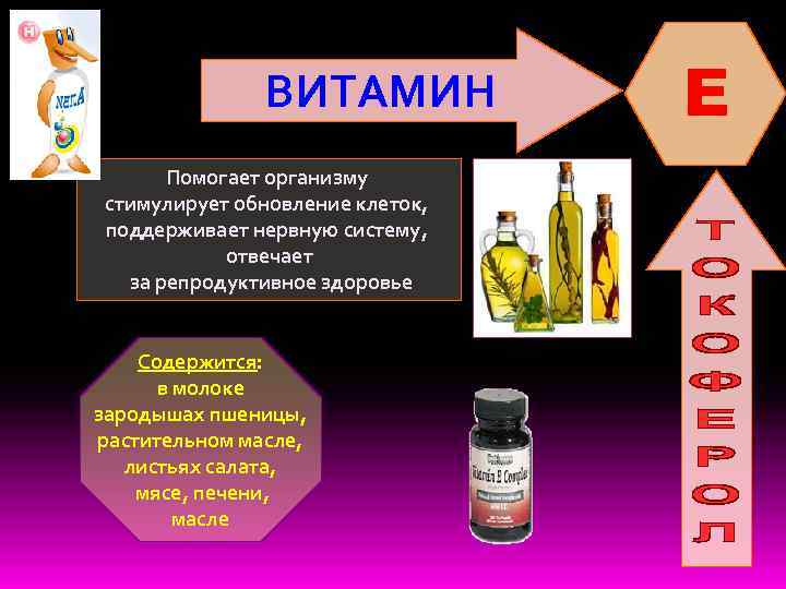 ВИТАМИН Помогает организму стимулирует обновление клеток, поддерживает нервную систему, отвечает за репродуктивное здоровье Содержится: