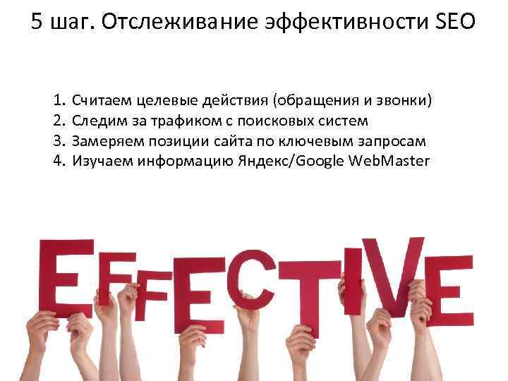5 шаг. Отслеживание эффективности SEO 1. 2. 3. 4. Считаем целевые действия (обращения и