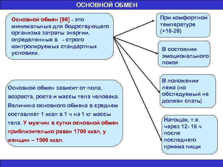 ОСНОВНОЙ ОБМЕН Основной обмен [00] - это минимальные для бодрствующего организма затраты энергии, определенные