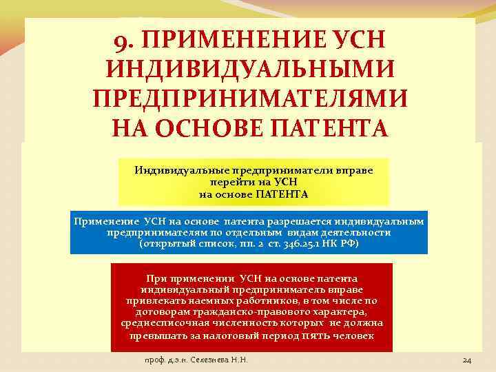 9. ПРИМЕНЕНИЕ УСН ИНДИВИДУАЛЬНЫМИ ПРЕДПРИНИМАТЕЛЯМИ НА ОСНОВЕ ПАТЕНТА Индивидуальные предприниматели вправе перейти на УСН