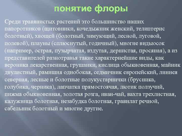 понятие флоры Среди травянистых растений это большинство наших папоротников (щитовники, кочедыжник женский, телиптерис болотный),