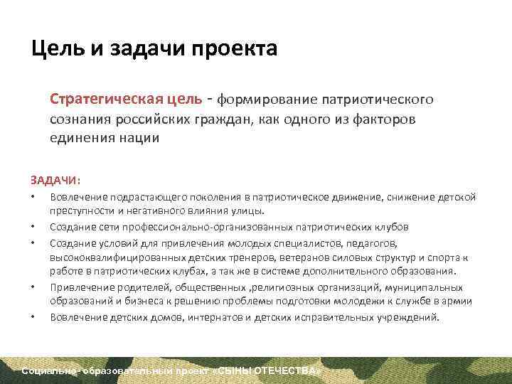 Цель и задачи проекта Стратегическая цель - формирование патриотического сознания российских граждан, как одного