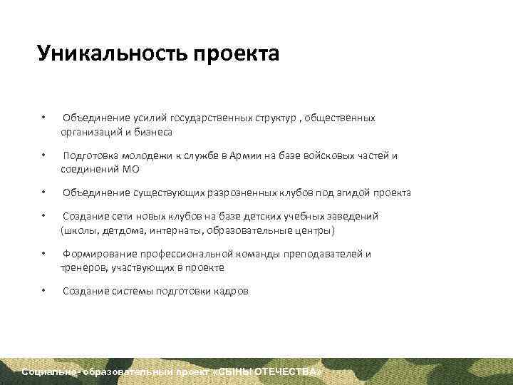 Уникальность проекта • Объединение усилий государственных структур , общественных организаций и бизнеса • Подготовка