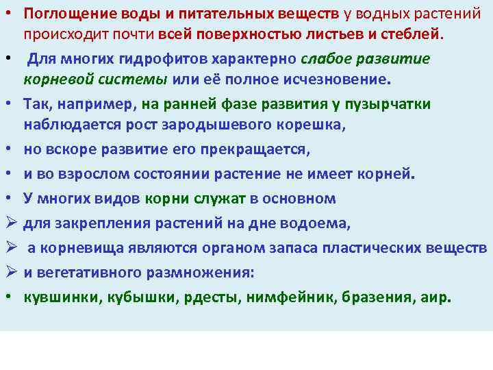  • Поглощение воды и питательных веществ у водных растений происходит почти всей поверхностью