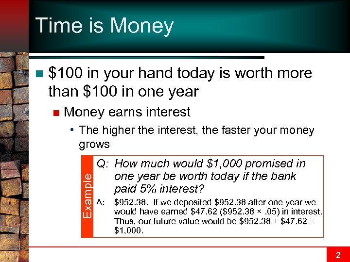 Time is Money $100 in your hand today is worth more than $100 in