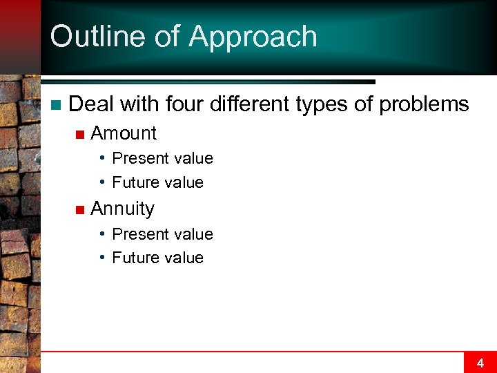 Outline of Approach n Deal with four different types of problems n Amount •
