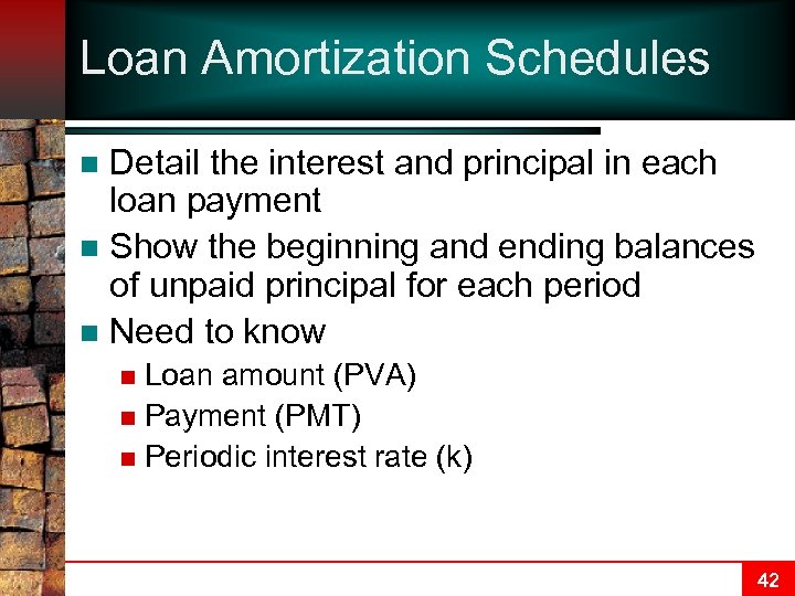 Loan Amortization Schedules Detail the interest and principal in each loan payment n Show