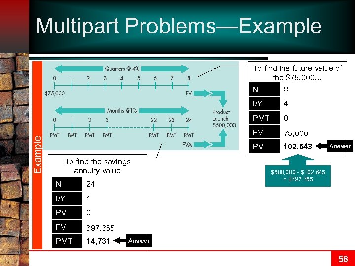 Multipart Problems—Example To find the future value of the $75, 000… N 8 24