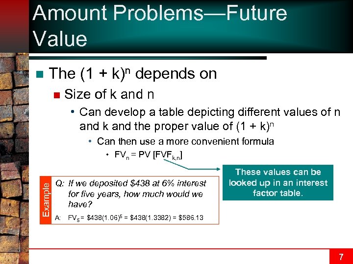 Amount Problems—Future Value n The (1 + k)n depends on n Size of k