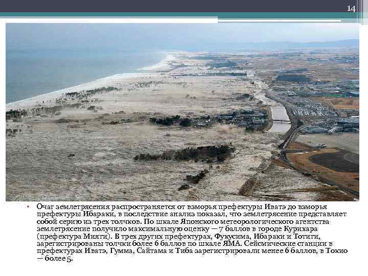14 • Очаг землетрясения распространяется от взморья префектуры Иватэ до взморья префектуры Ибараки, в