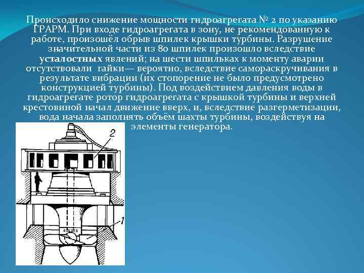 Происходило снижение мощности гидроагрегата № 2 по указанию ГРАРМ. При входе гидроагрегата в зону,