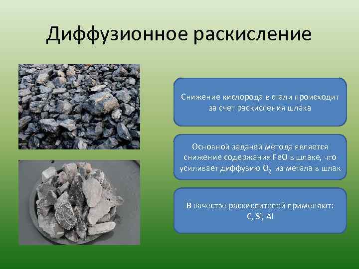 Диффузионное раскисление Снижение кислорода в стали происходит за счет раскисления шлака Основной задачей метода