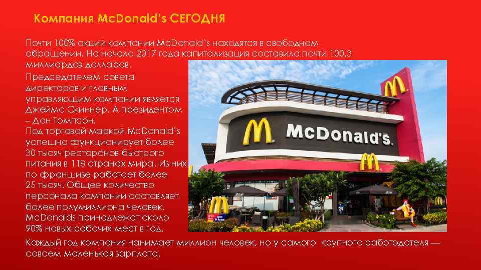 Компания Mc. Donald’s СЕГОДНЯ Почти 100% акций компании Mc. Donald’s находятся в свободном обращении.