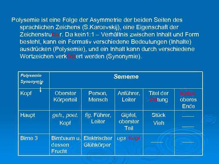 Polysemie ist eine Folge der Asymmetrie der beiden Seiten des sprachlichen Zeichens (S. Karcevskij),