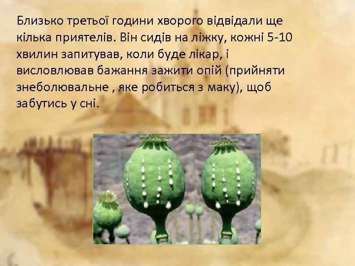 Близько третьої години хворого відвідали ще кілька приятелів. Він сидів на ліжку, кожні 5