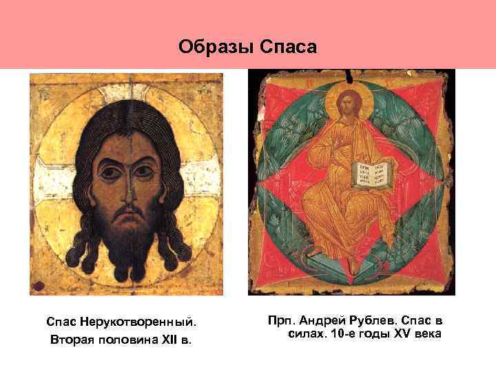 Образы Спаса Спас Нерукотворенный. Вторая половина XII в. Прп. Андрей Рублев. Спас в силах.