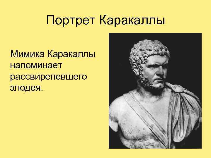 Портрет Каракаллы Мимика Каракаллы напоминает рассвирепевшего злодея. 