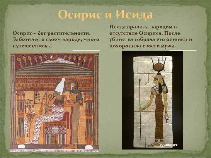 Осирис и Исида Осирис – бог растительности. Заботился о своем народе, много путешествовал Исида