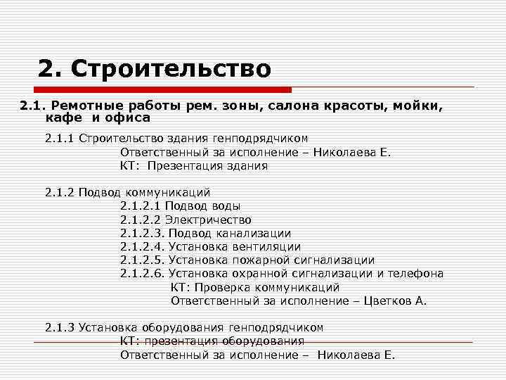 2. Строительство 2. 1. Ремотные работы рем. зоны, салона красоты, мойки, кафе и офиса