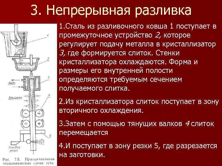 3. Непрерывная разливка 1. Сталь из разливочного ковша 1 поступает в промежуточное устройство 2,