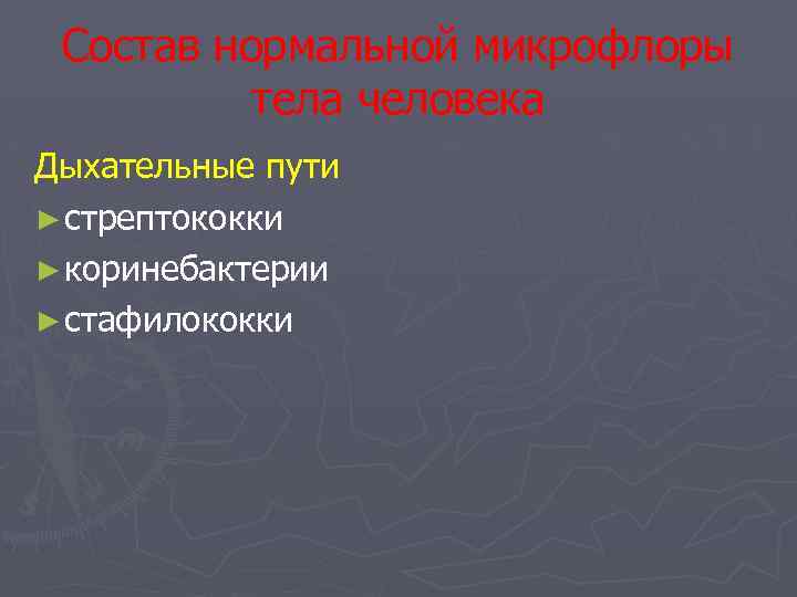 Состав нормальной микрофлоры тела человека Дыхательные пути ► стрептококки ► коринебактерии ► стафилококки 