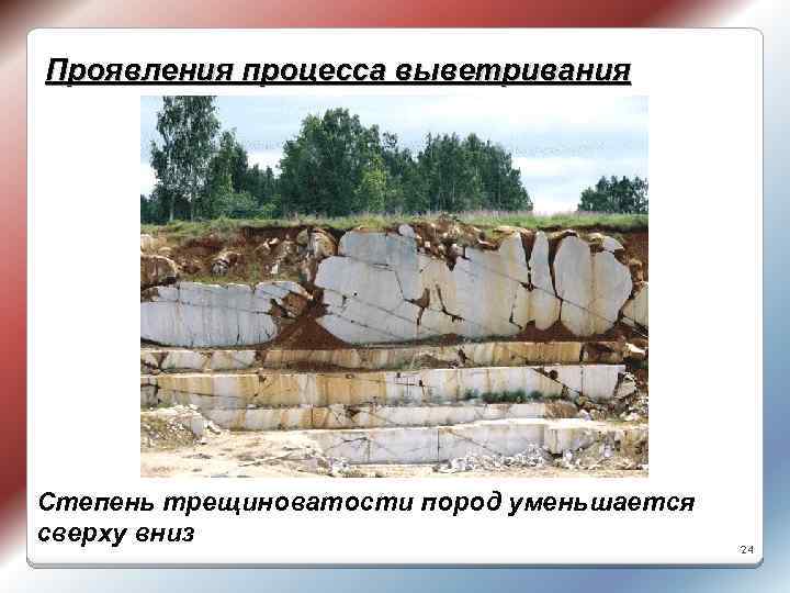 Проявления процесса выветривания Степень трещиноватости пород уменьшается сверху вниз 24 