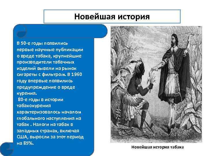 Новейшая история В 50 -е годы появились первые научные публикации о вреде табака, крупнейшие