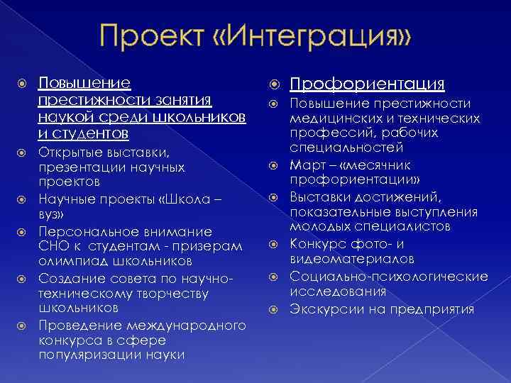 Проект «Интеграция» Повышение престижности занятия наукой среди школьников и студентов Открытые выставки, презентации научных