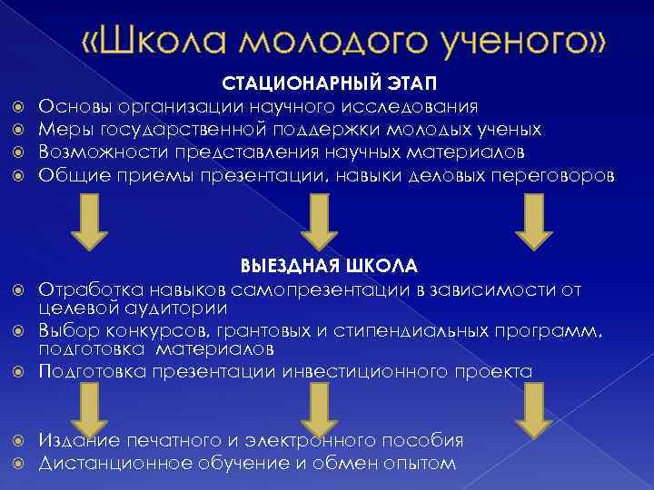  «Школа молодого ученого» СТАЦИОНАРНЫЙ ЭТАП Основы организации научного исследования Меры государственной поддержки молодых
