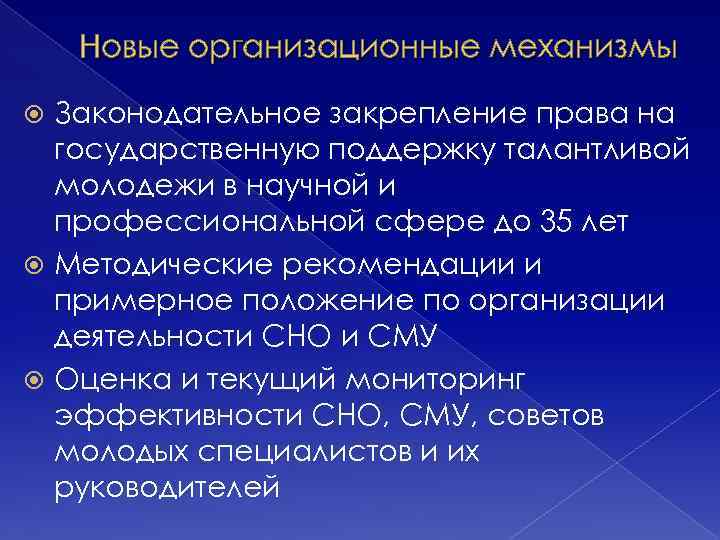 Новые организационные механизмы Законодательное закрепление права на государственную поддержку талантливой молодежи в научной и