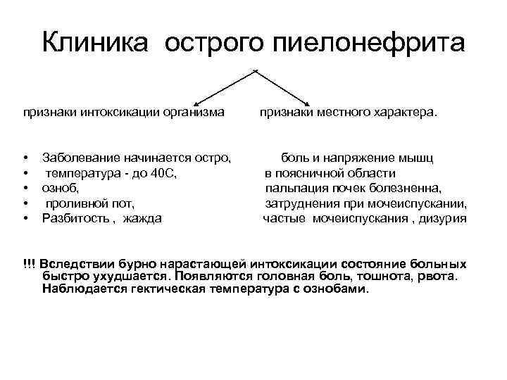 Клиника острого пиелонефрита признаки интоксикации организма признаки местного характера. • • • Заболевание начинается