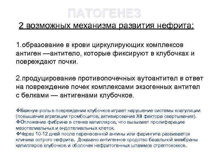 ПАТОГЕНЕЗ 2 возможных механизма развития нефрита: 1. образование в крови циркулирующих комплексов антиген —антитело,