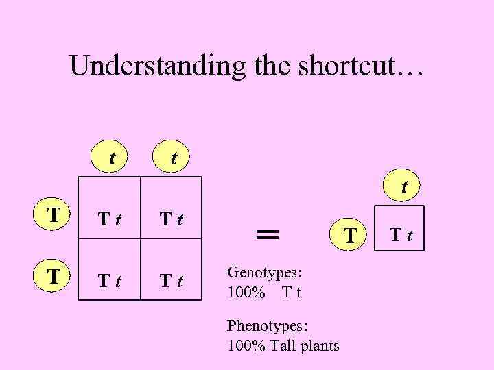 Understanding the shortcut… t t t T Tt Tt = T Tt Tt Genotypes: