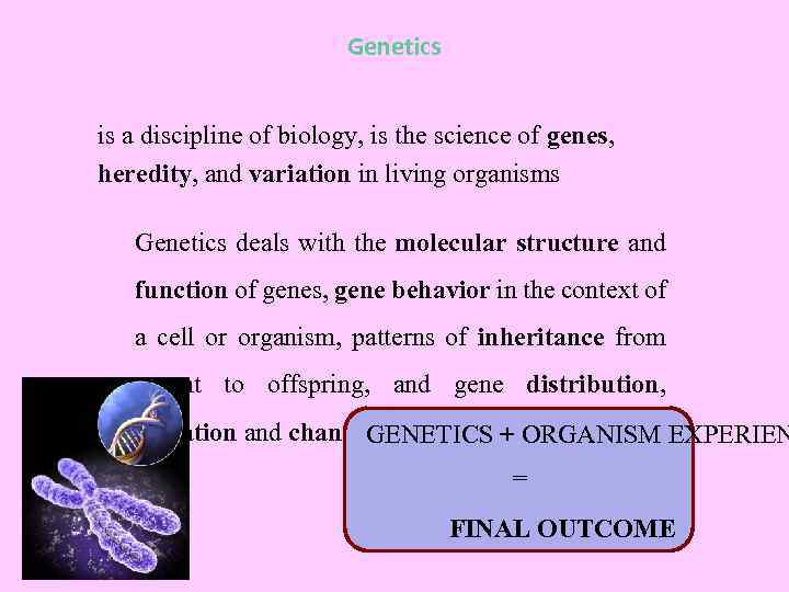 Genetics is a discipline of biology, is the science of genes, heredity, and variation