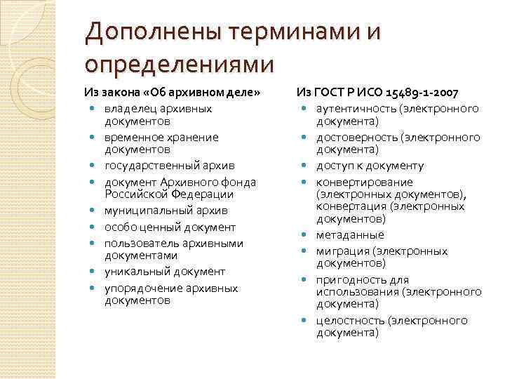 Дополнены терминами и определениями Из закона «Об архивном деле» владелец архивных документов временное хранение