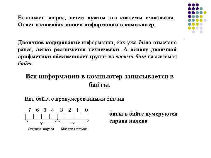 Возникает вопрос, зачем нужны эти системы счисления. Ответ в способах записи информации в компьютер.