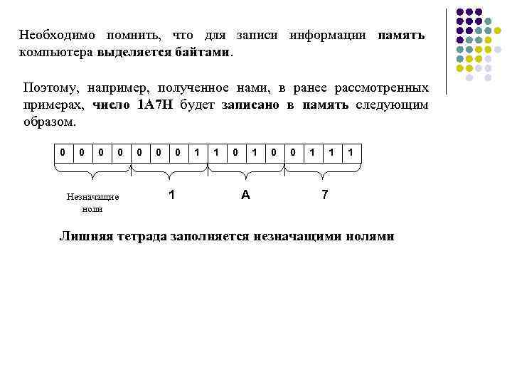 Необходимо помнить, что для записи информации память компьютера выделяется байтами. Поэтому, например, полученное нами,