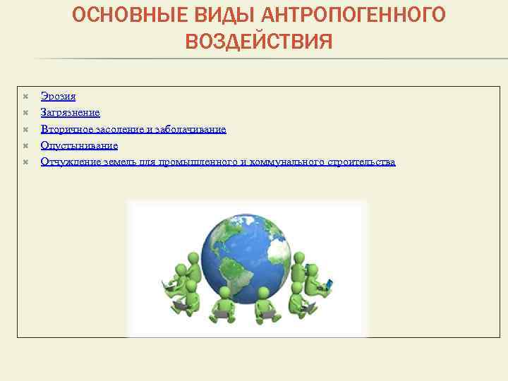 ОСНОВНЫЕ ВИДЫ АНТРОПОГЕННОГО ВОЗДЕЙСТВИЯ Эрозия Загрязнение Вторичное засоление и заболачивание Опустынивание Отчуждение земель для