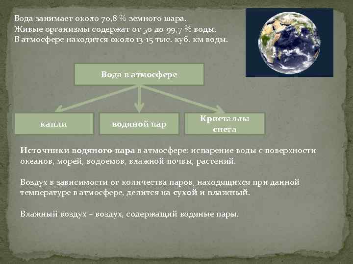 Вода занимает около 70, 8 % земного шара. Живые организмы содержат от 50 до