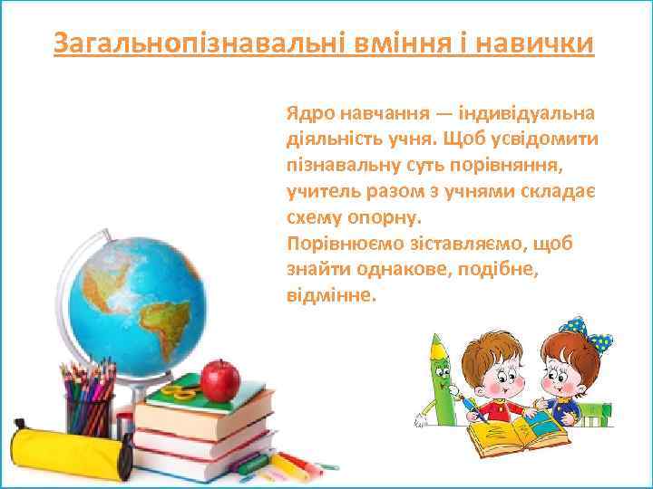 Загальнопізнавальні вміння і навички Ядро навчання ― індивідуальна діяльність учня. Щоб усвідомити пізнавальну суть