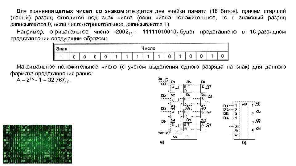 Для хранения целых чисел со знаком отводится две ячейки памяти (16 битов), причем старший