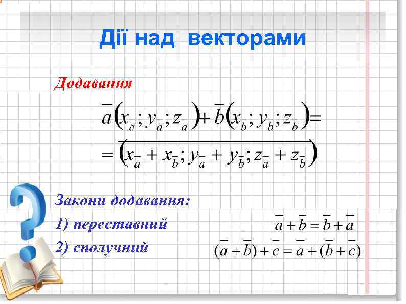 Дії над векторами Додавання Закони додавання: 1) переставний 2) сполучний 