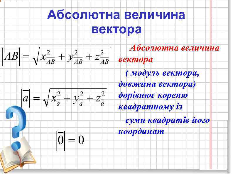 Абсолютна величина вектора ( модуль вектора, довжина вектора) дорівнює кореню квадратному із суми квадратів