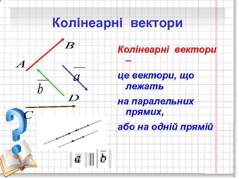 Колінеарні вектори – це вектори, що лежать на паралельних прямих, або на одній прямій