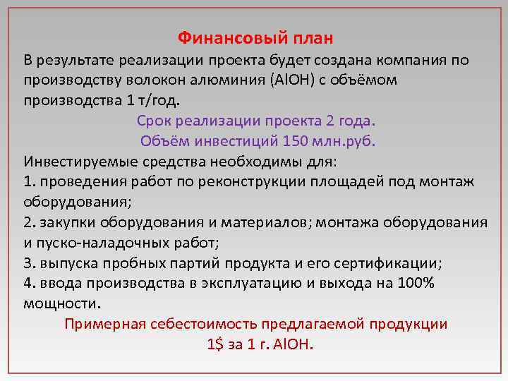 Финансовый план В результате реализации проекта будет создана компания по производству волокон алюминия (Al.
