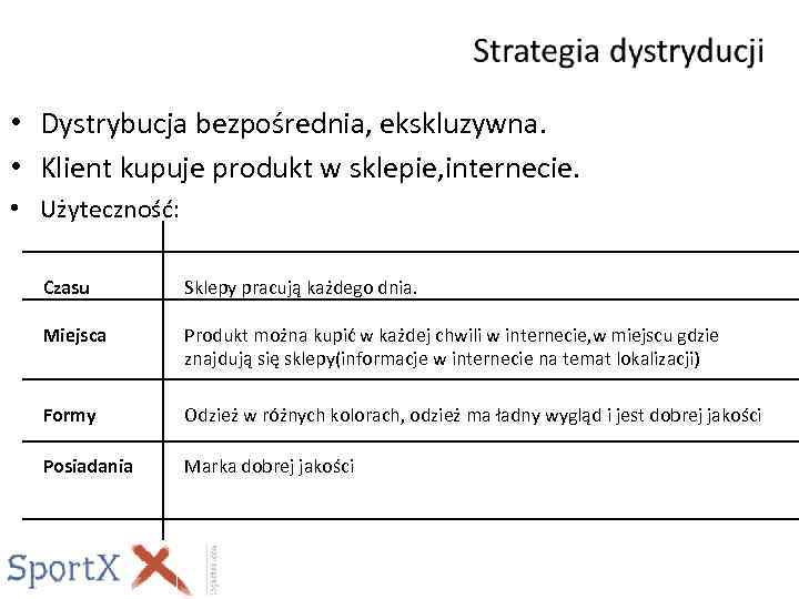 • Dystrybucja bezpośrednia, ekskluzywna. • Klient kupuje produkt w sklepie, internecie. • Użyteczność: