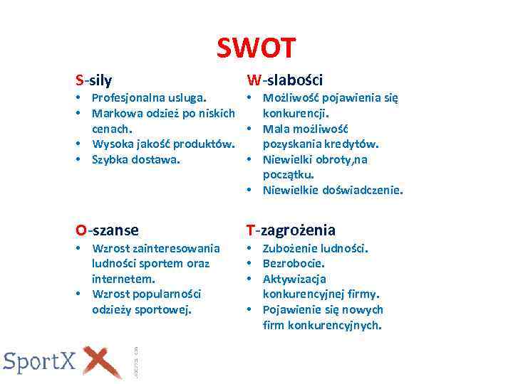 SWOT S-sily W-slabości O-szanse T-zagrożenia • Profesjonalna usluga. • Możliwość pojawienia się • Markowa