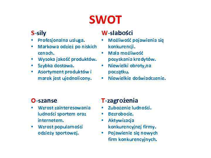 SWOT S-sily W-slabości O-szanse T-zagrożenia • Profesjonalna usluga. • Markowa odzież po niskich cenach.